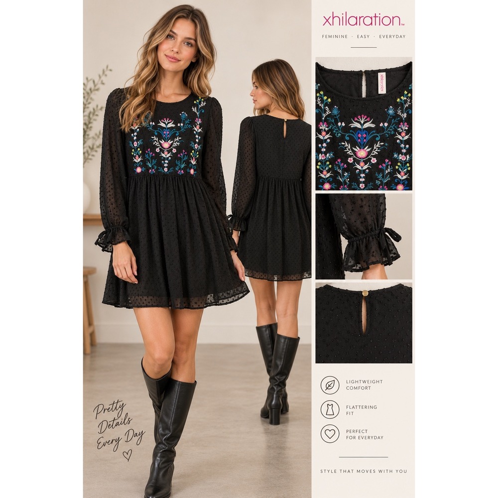 Xhilaration Womens Black Swiss Dot Embroidered Floral Boho Mini Dress Small
